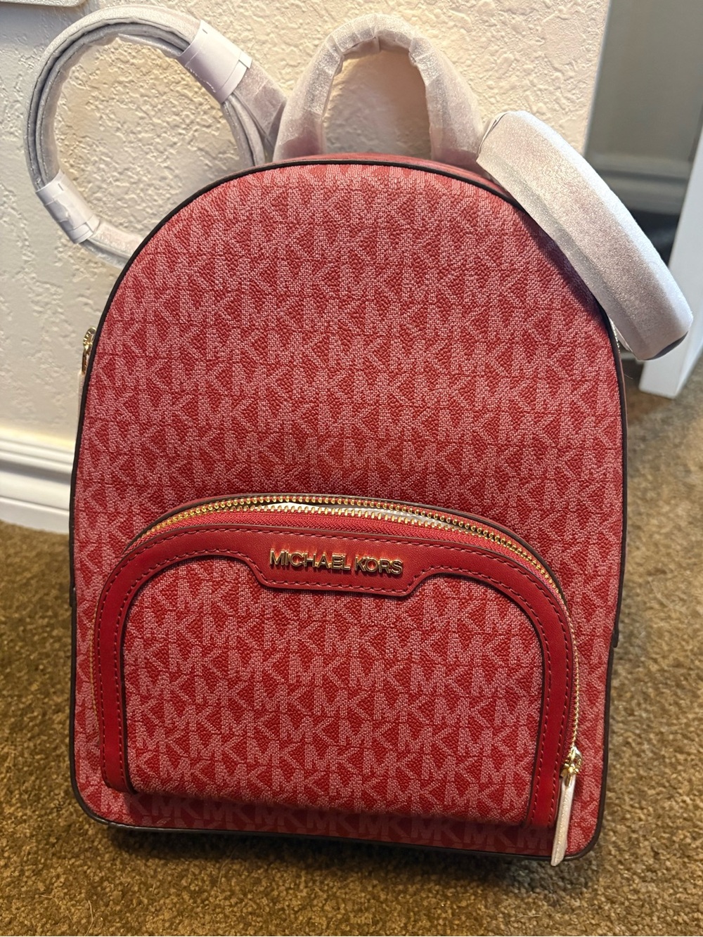 Michael Kors Red Logo-Print Small Backpack with Gold Hardware